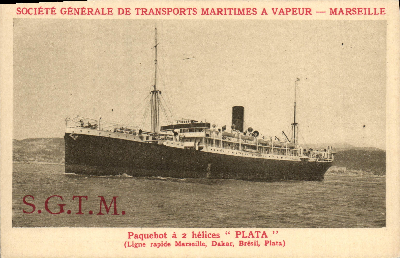 CPA Bateau Paquebot Plata SGTM Ligne rapide Marseille Dakar Bresil Plata