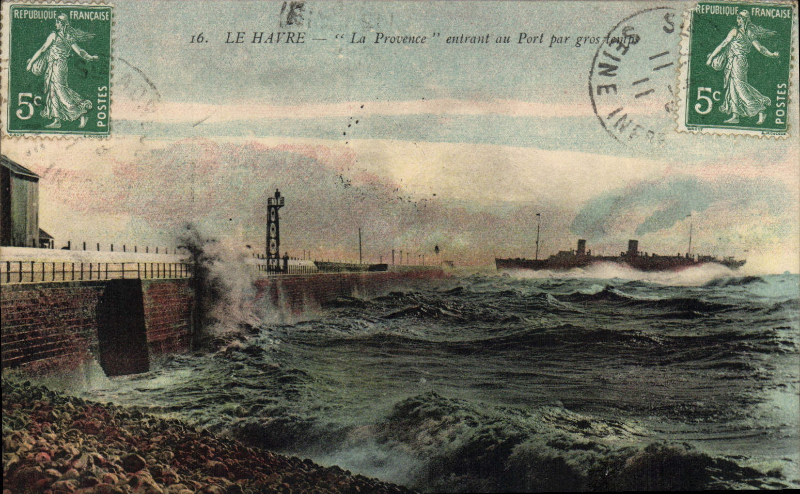 Vintage Postcard Boat Steamer La Provence Le Havre entering to the port by heavy sea