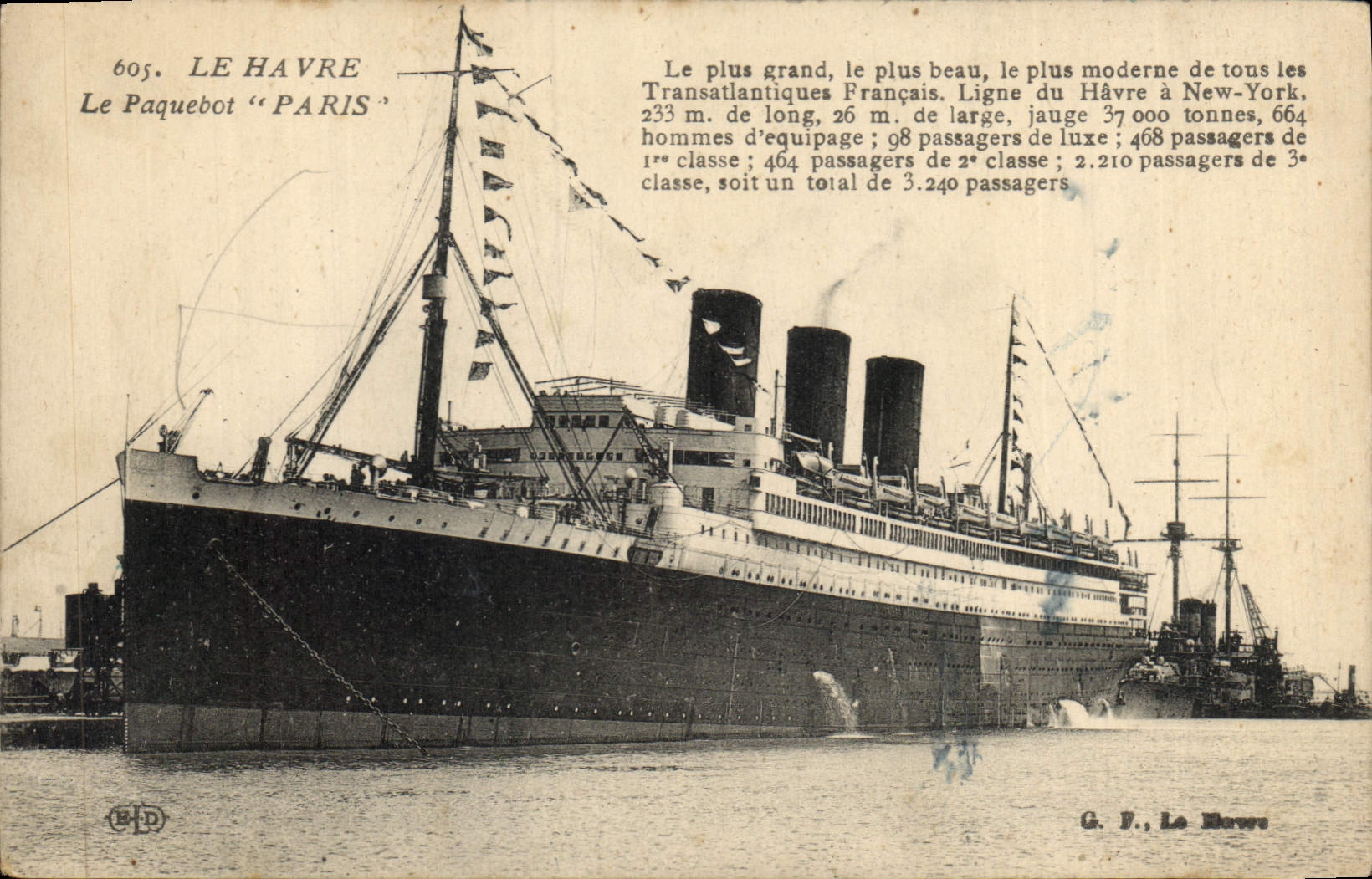 Vintage Postcard Boat Steamer Paris Le Havre