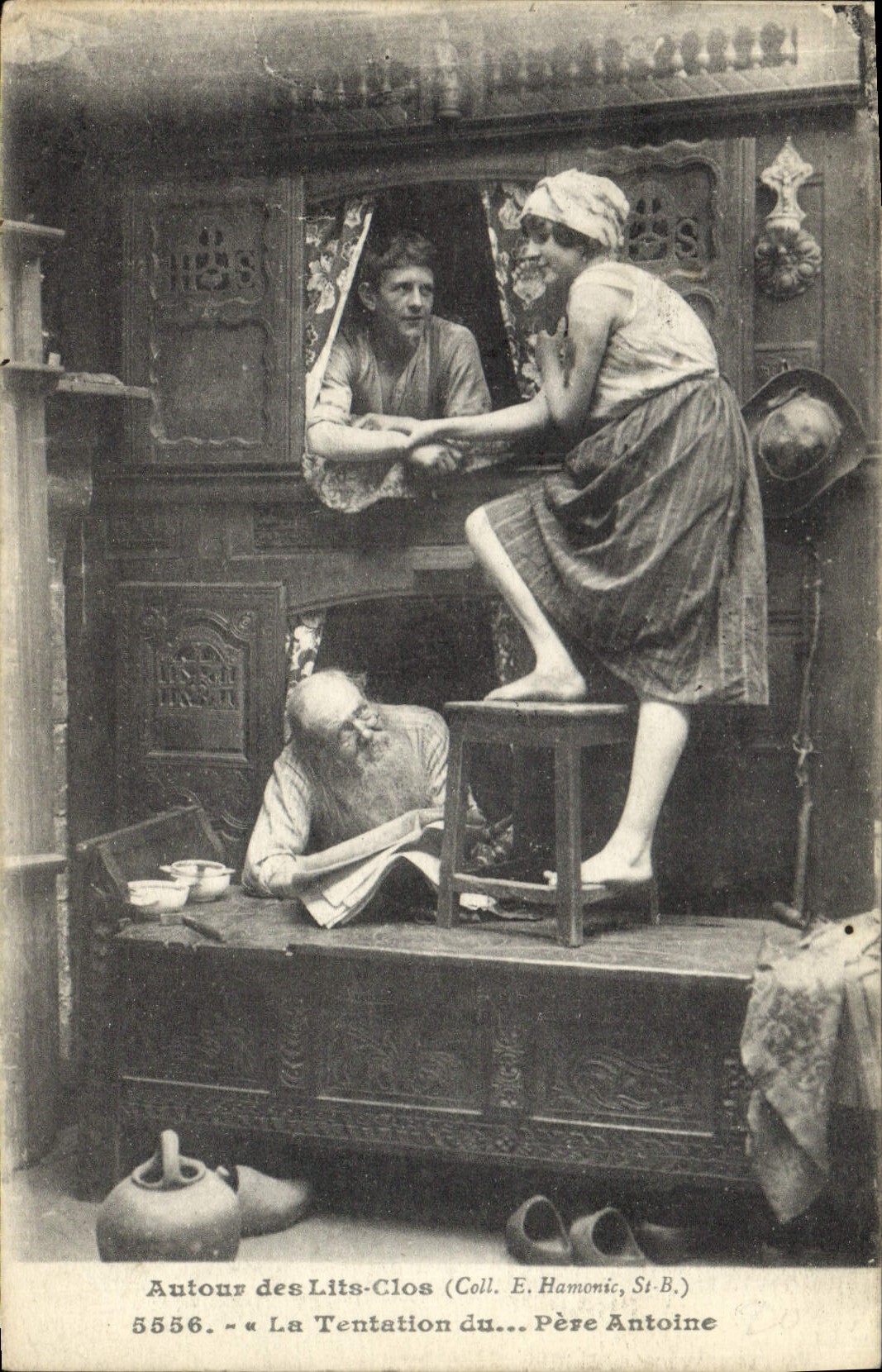 Vintage Postcard Folklore Closed Beds the temptation of the Father Antoine