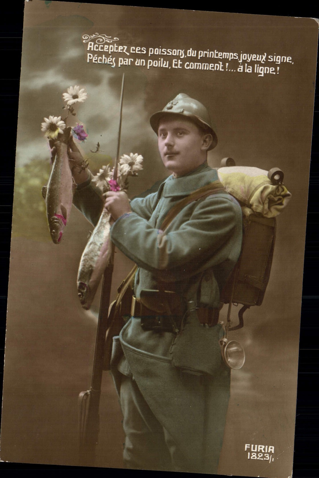 CPA Fantaisie Paques Poisson Soldat Militaria