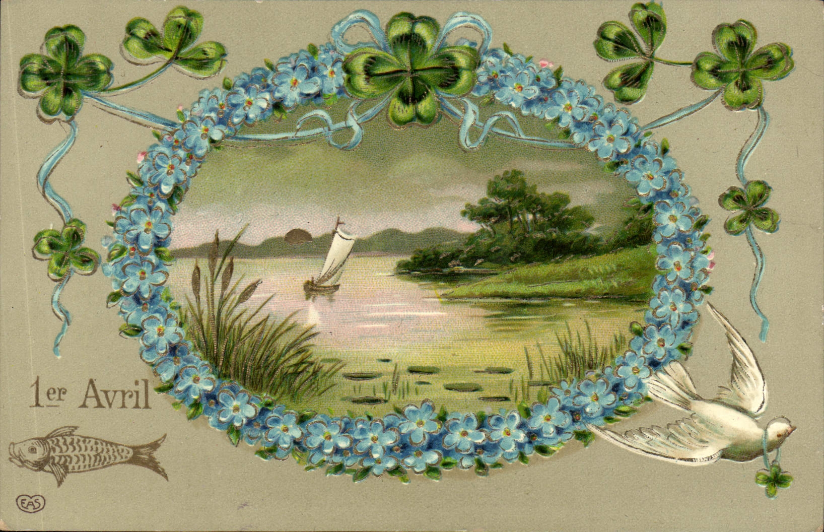 CPA Fantaisie Paques Poisson Fleurs Colombe Trefles 