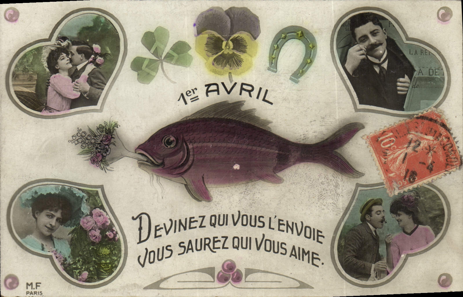 CPA Fantaisie Paques Poisson Femme Fer a cheval