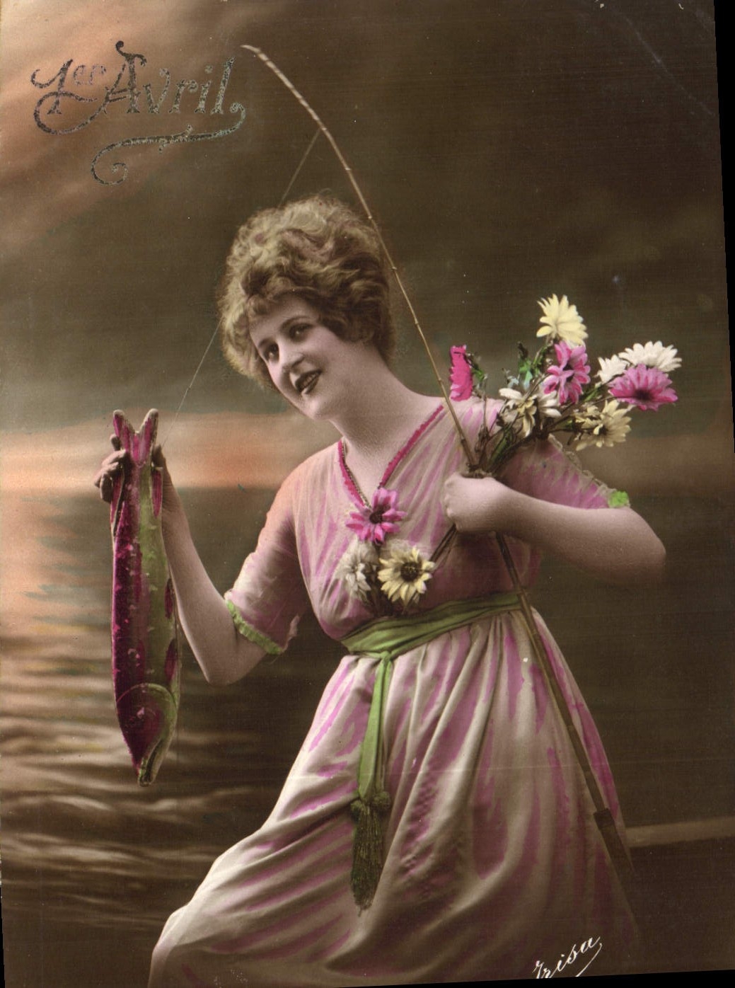 CPA Fantaisie Paques Poisson Femme 