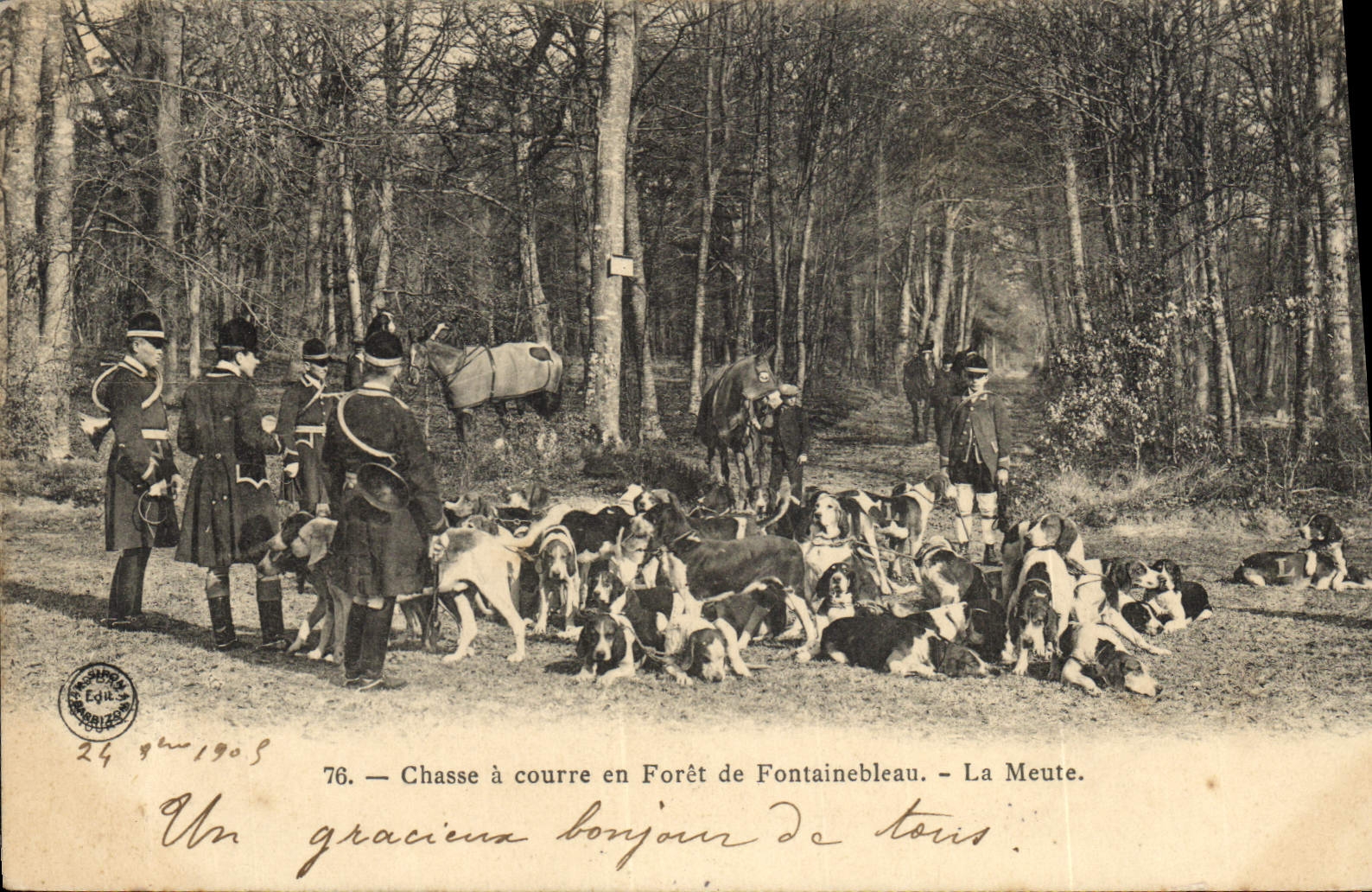 Vintage Postcard Chasse has courre out of Drill of Fontainebleau the pack Chiens Dog