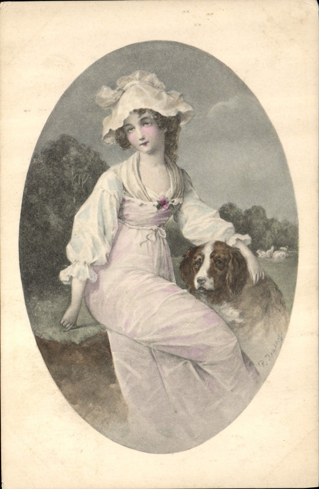 CPA Fantaisie Illustrateur Femme Chien