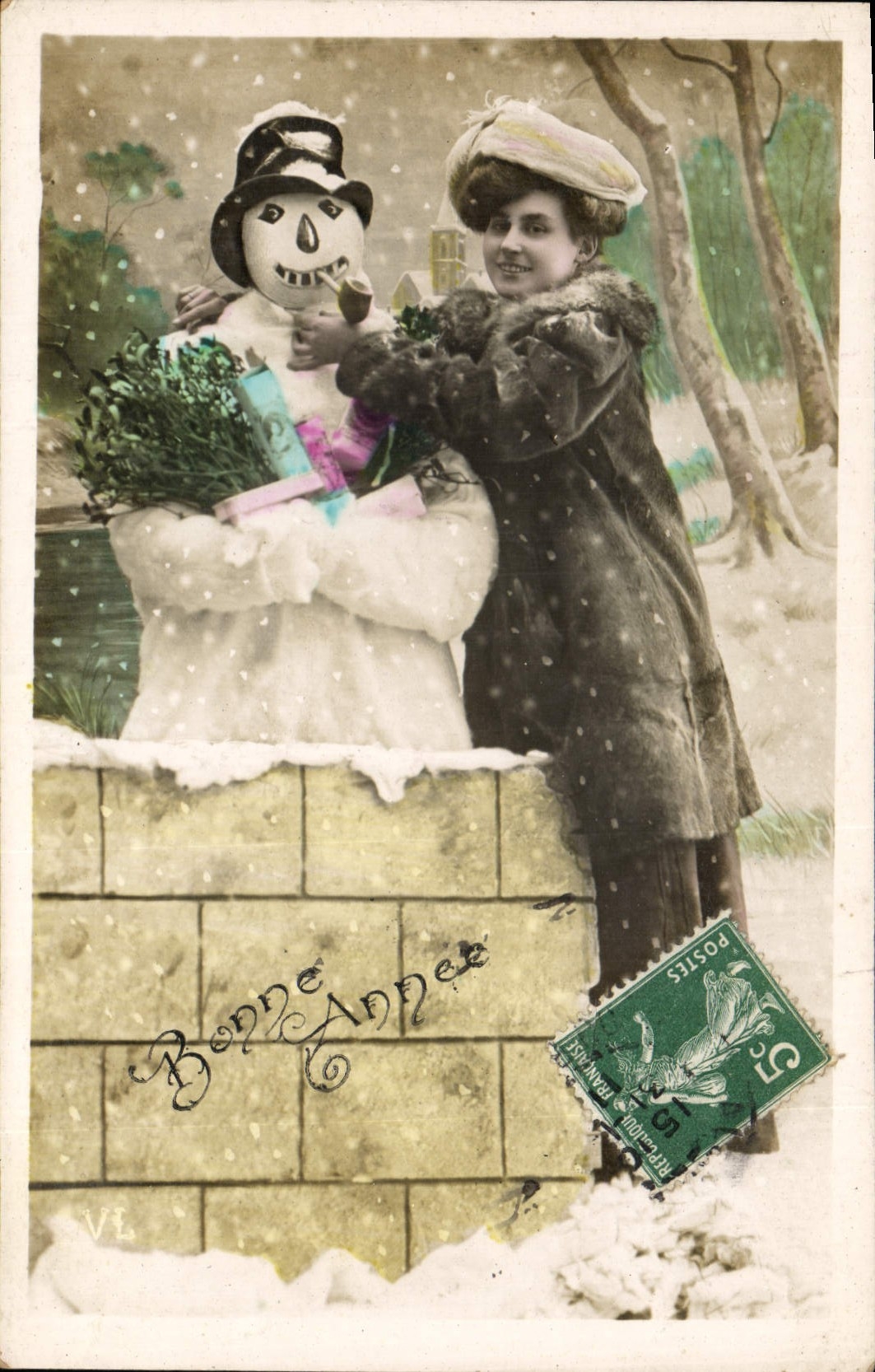 Vintage Postcard Fantasy Snowman Woman