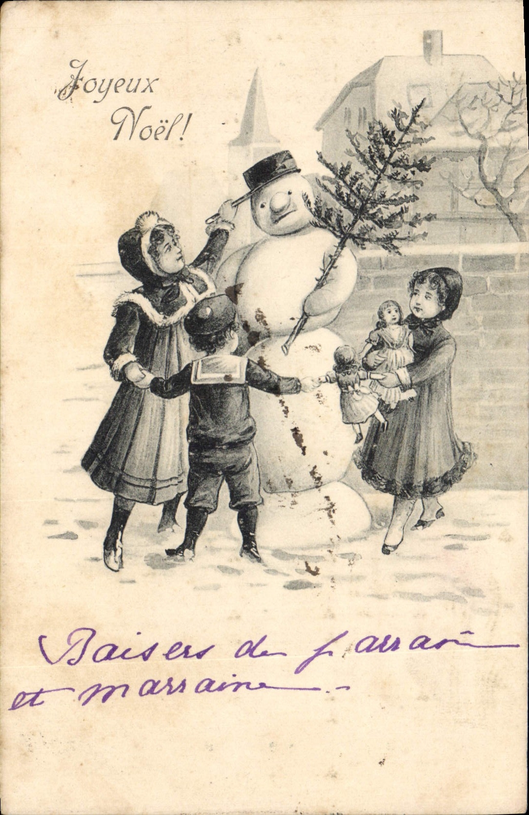 CPA Fantaisie Bonhomme de neige Enfants Poupee 