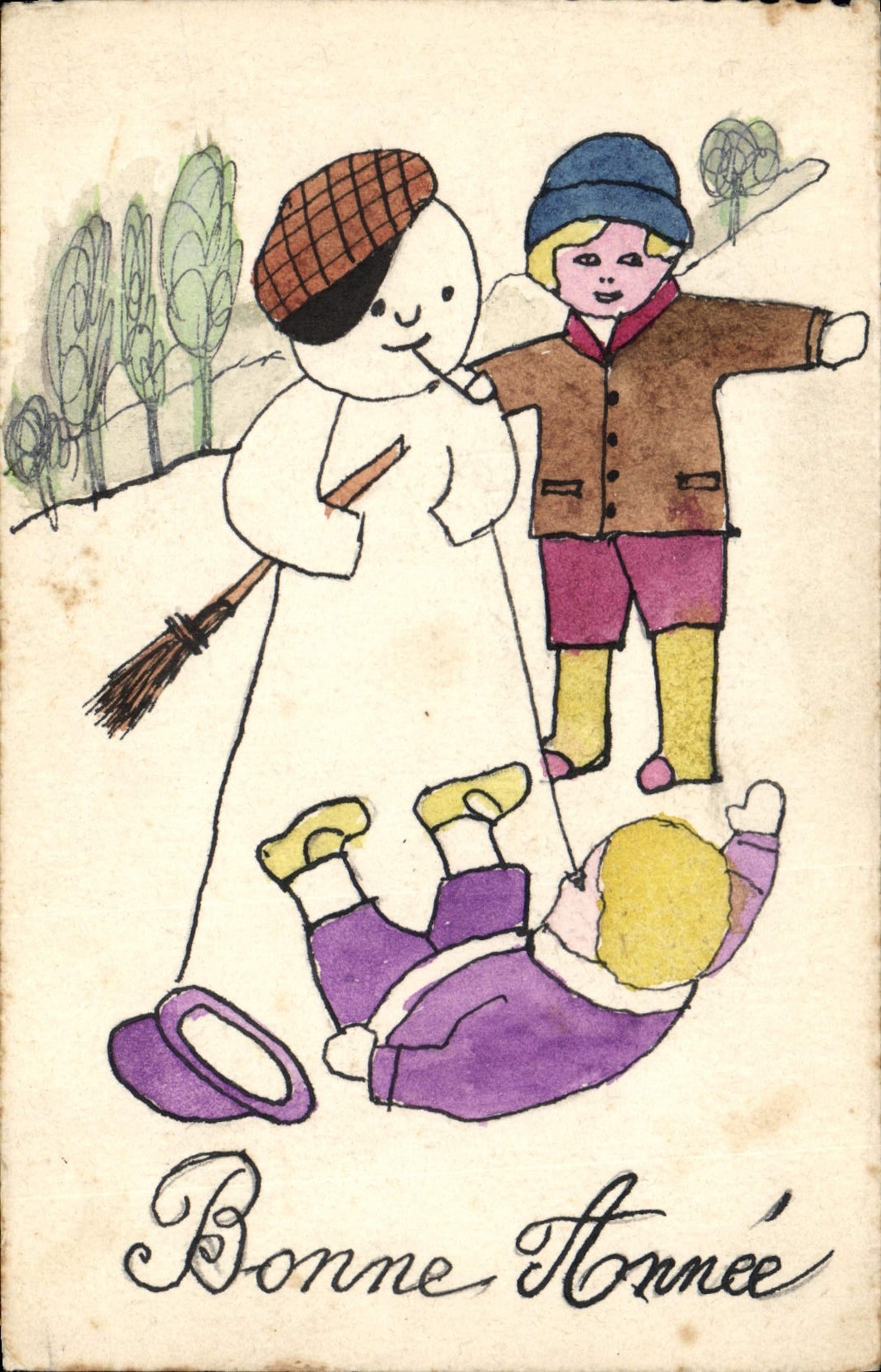CPA Fantaisie Bonhomme de neige Enfants Bonne annee 