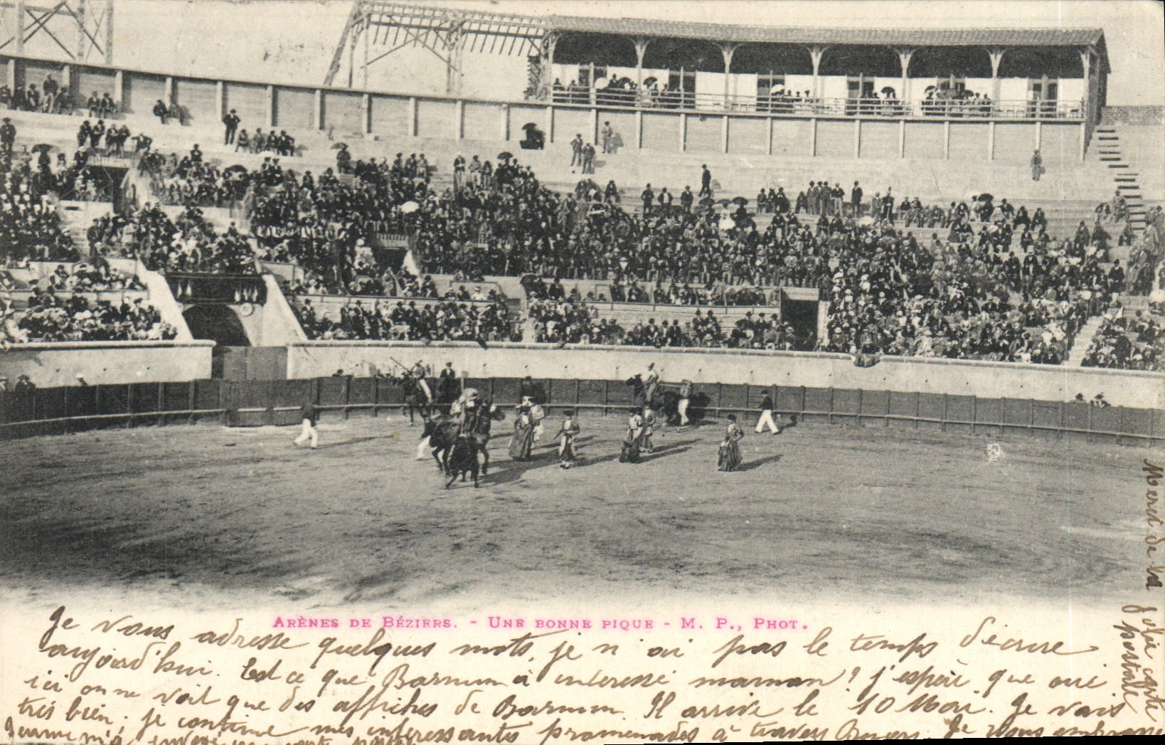 Postal Corrida Curso de toros Arenas de Beziers una buena clavija
