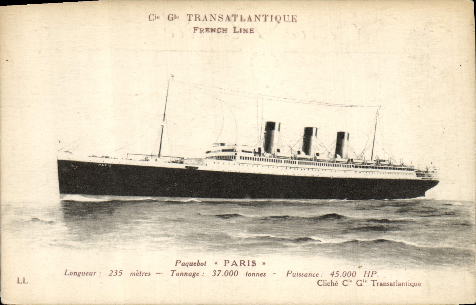 Vintage Postcard Boat Steamer Paris Co Transatlantic Gle French Line