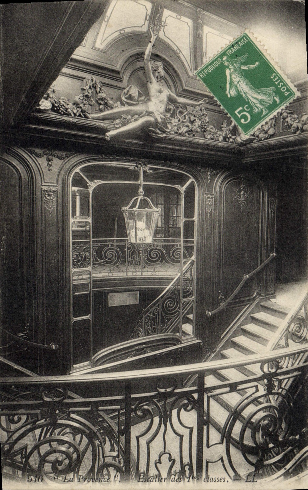Vintage Postcard Boat Steamer La Provence Staircase of the 1st classes