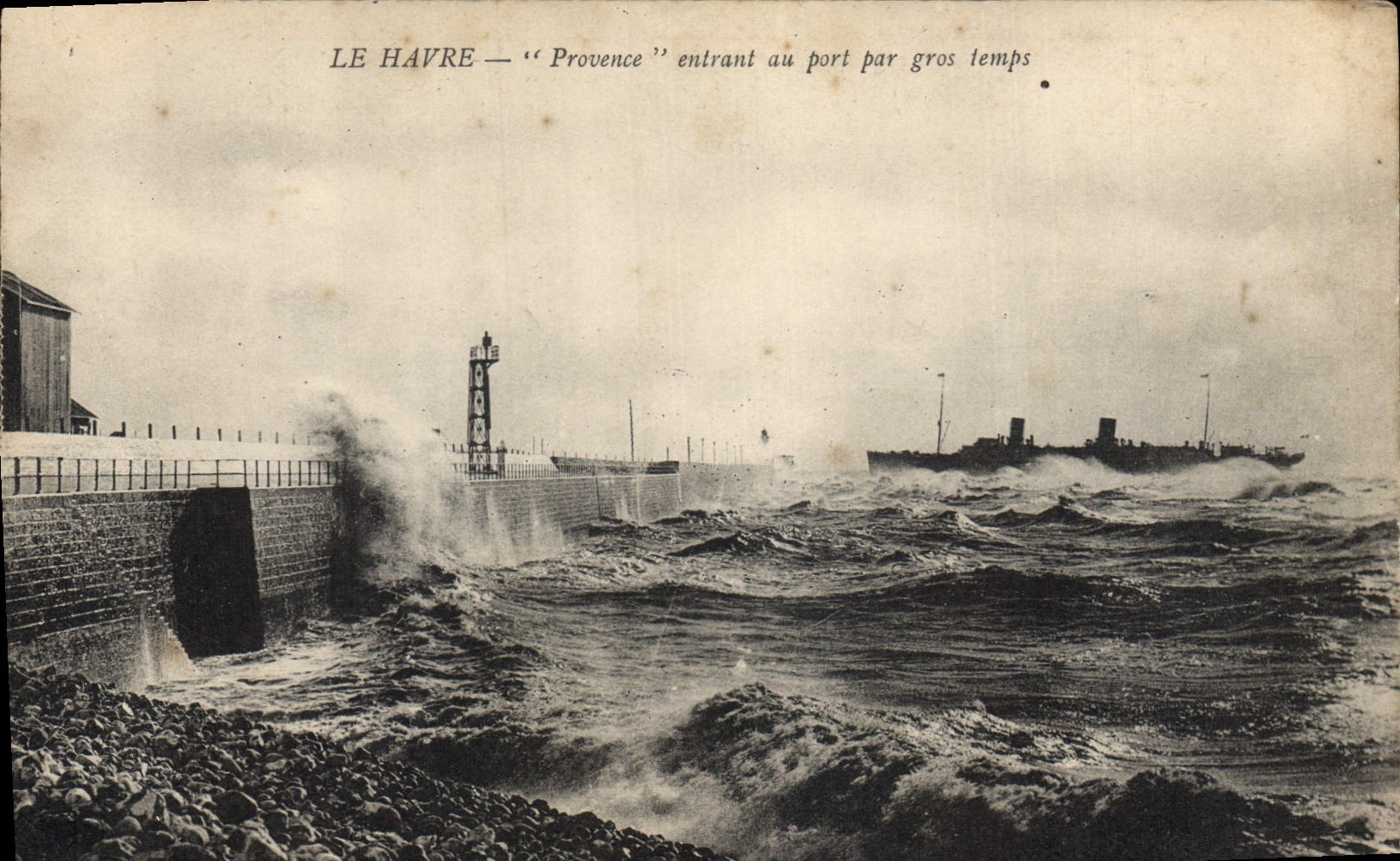 Vintage Postcard Boat Steamer Provence Le Havre entering to the port by heavy weather