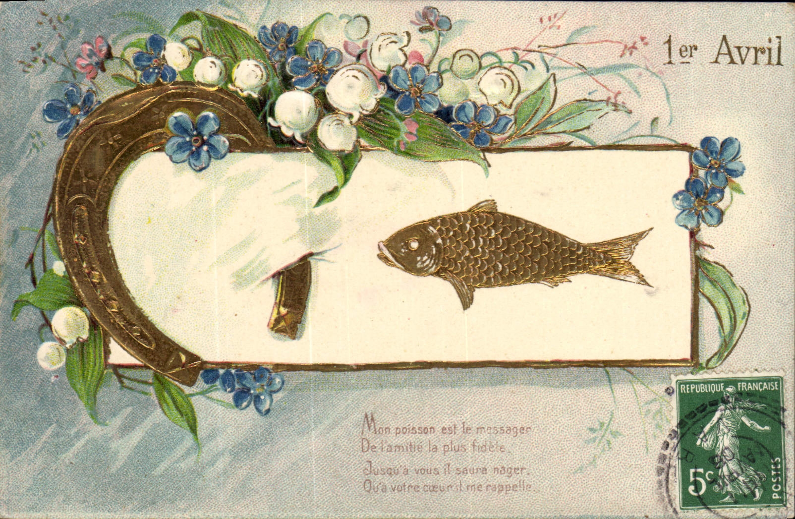 Vintage Postcard Fantaisie Easter April 1st Horseshoe Fleurs