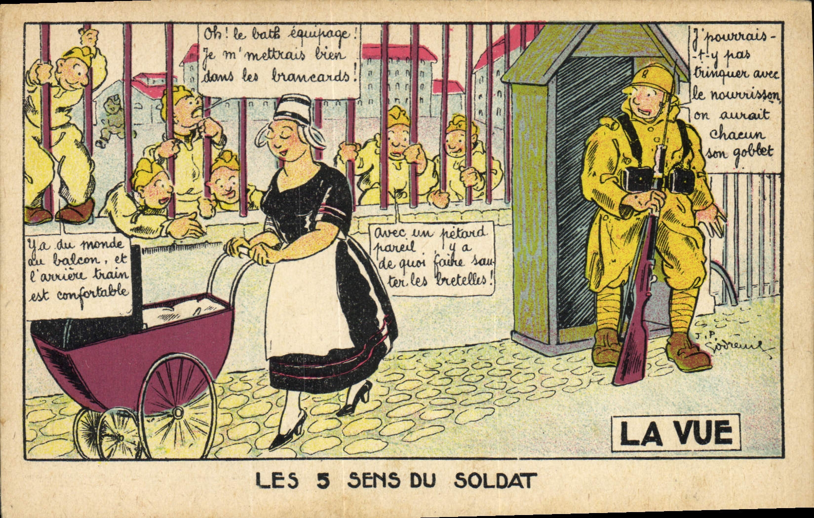 CPA Fantaisie Les cinq sens du soldat La vue Poussette Militaria