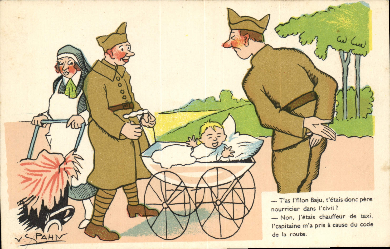 CPA Fantaisie Enfant Poussette Militaria Soldats Spahn 