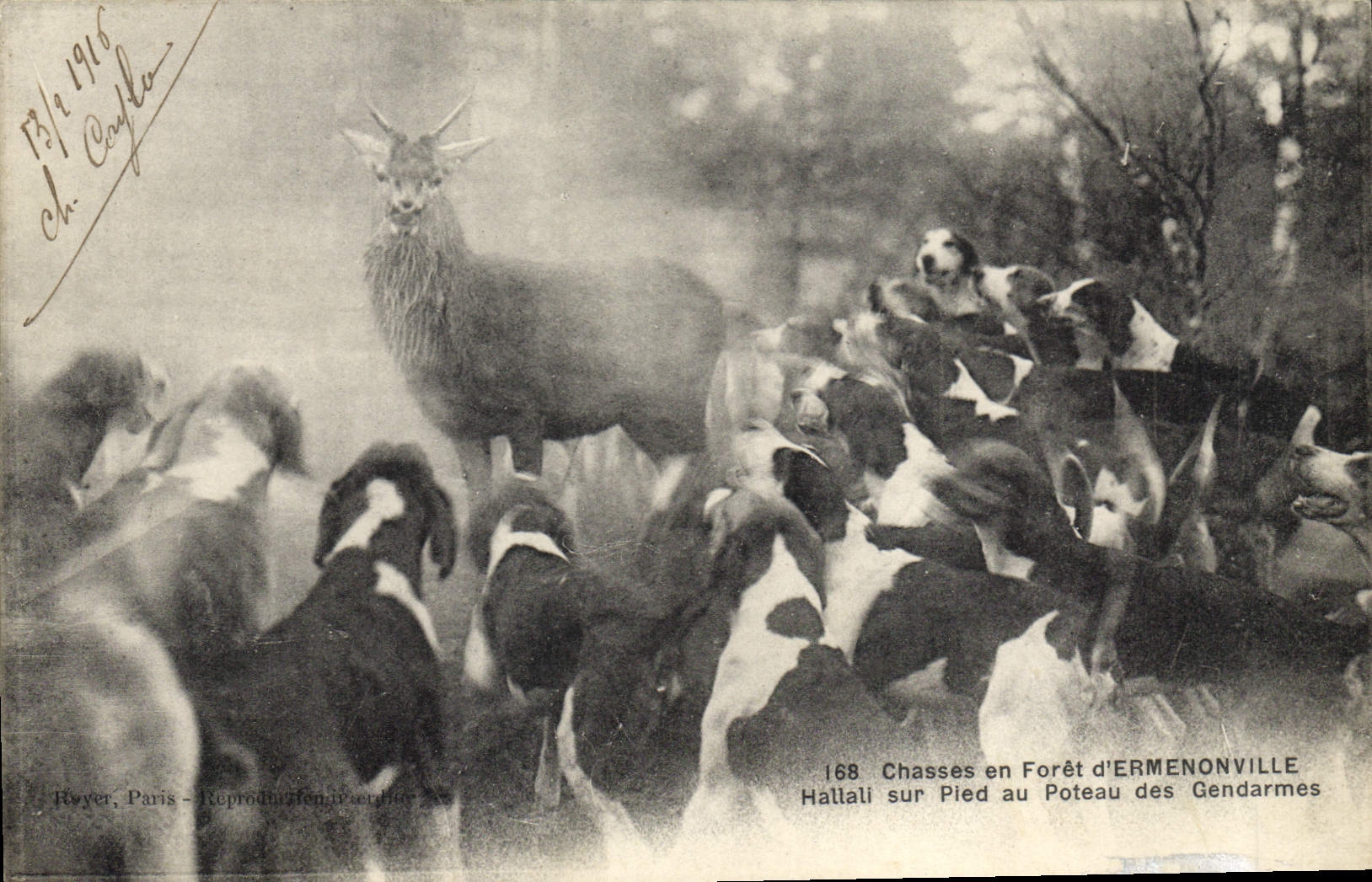 Vintage Postcard Chasse has courre Chasses out of Drill D' Ermenonville Hallai on foot with the post of the gendarmes