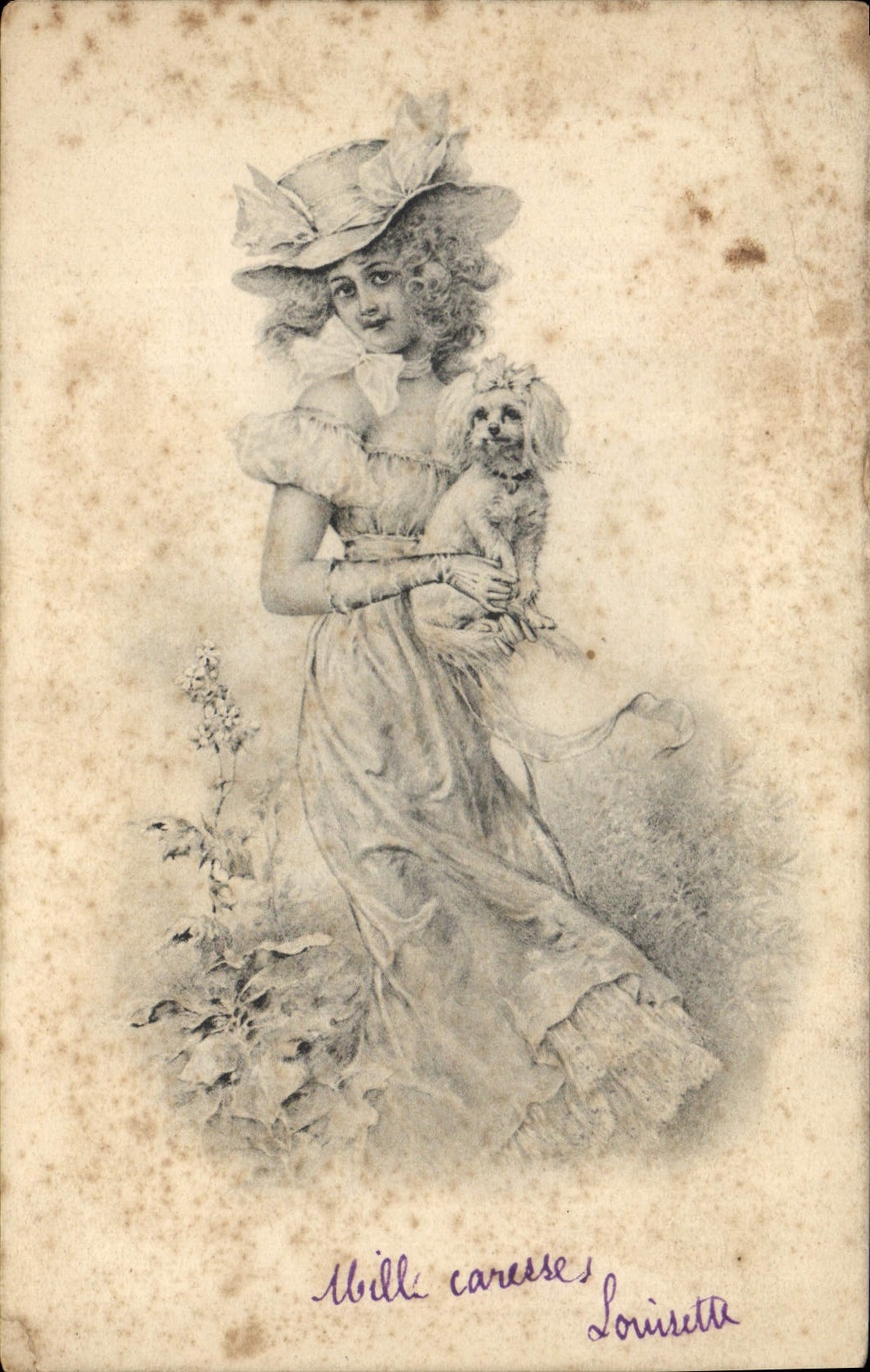 CPA Fantaisie Illustrateur Femme Chien