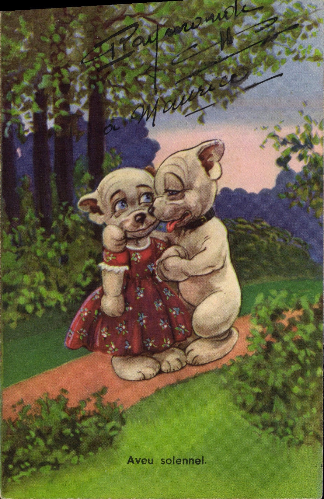 CPA Fantaisie Illustrateur Chien Chiens Adieu solennel