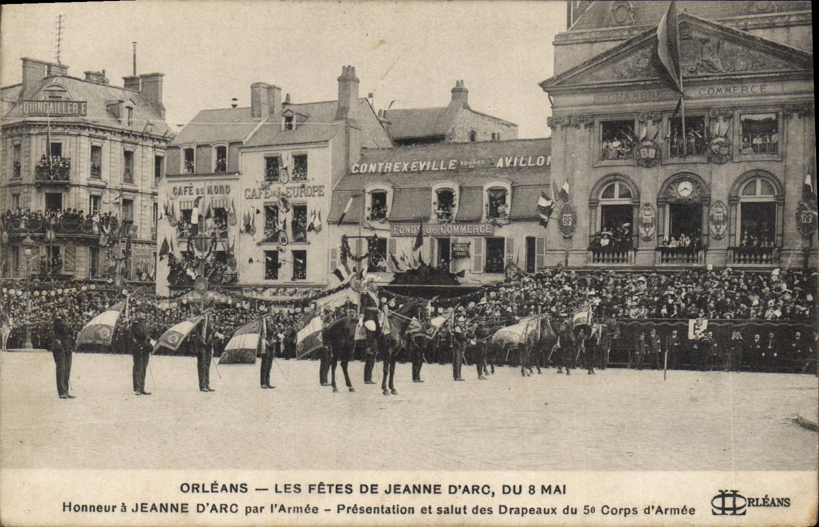 Postal Juana de Arco Orleans las Fiestas del 8 de mayo Honor tienen a Juana de Arco por la armada Presentación y hola de las banderas del 5.o cuerpo armada de Militaria