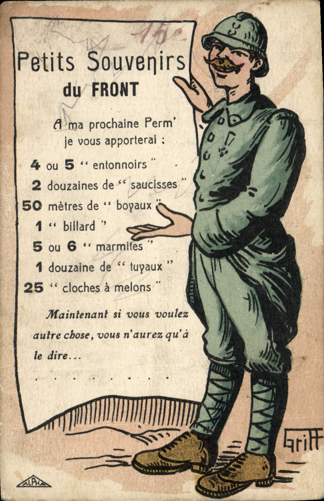 CPA Fantaisie Illustrateur Griff Petits souvenirs du front Militaria