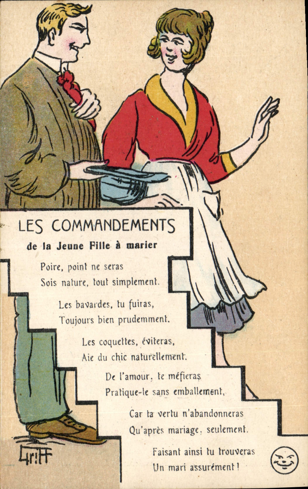 CPA Fantaisie Illustrateur Griff Les commandements de la jeune fille a marier