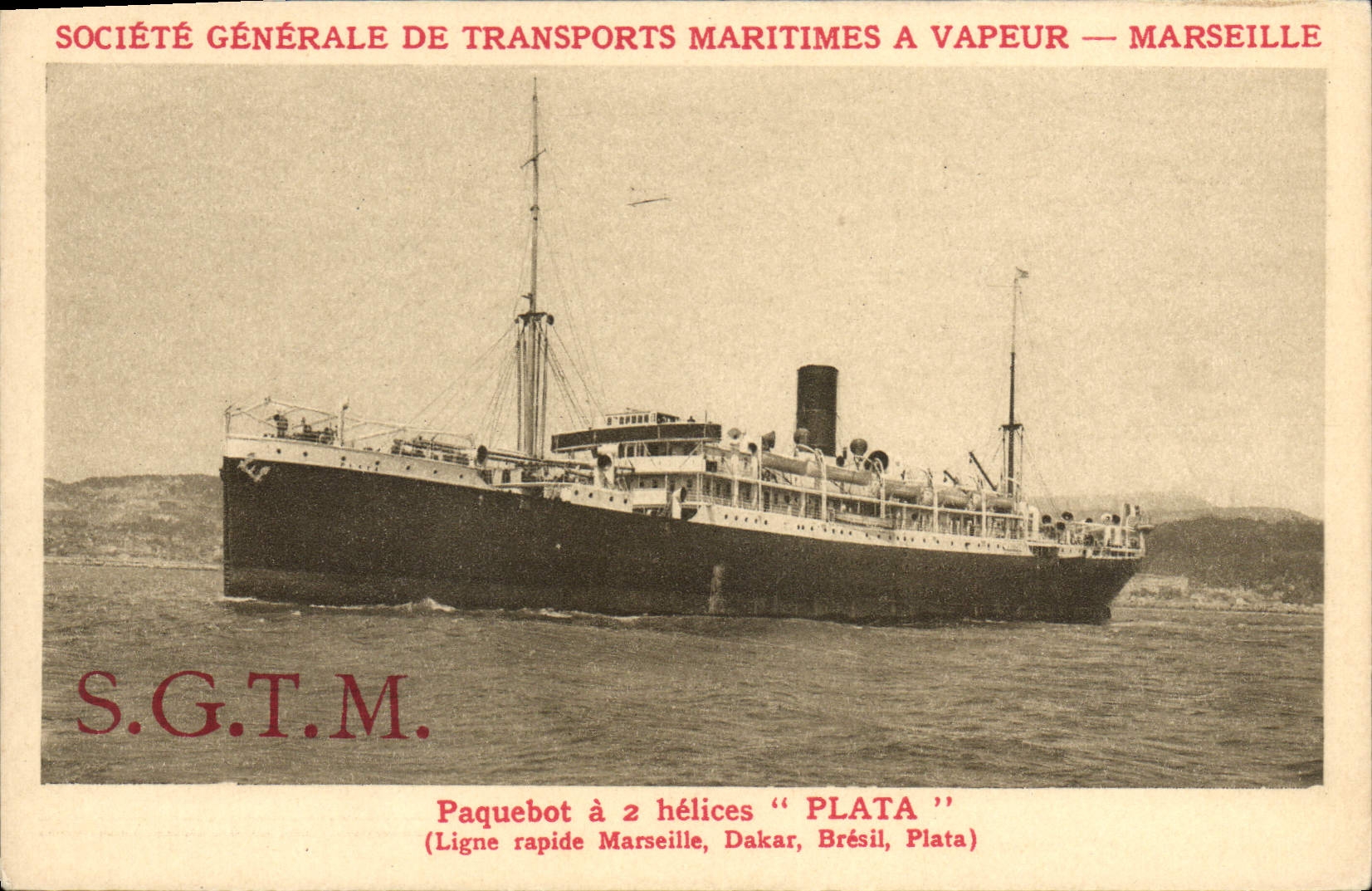 Vintage Postcard Boat Steamer SGTM fast Plata Line Marseilles Dakar Plata Brazil