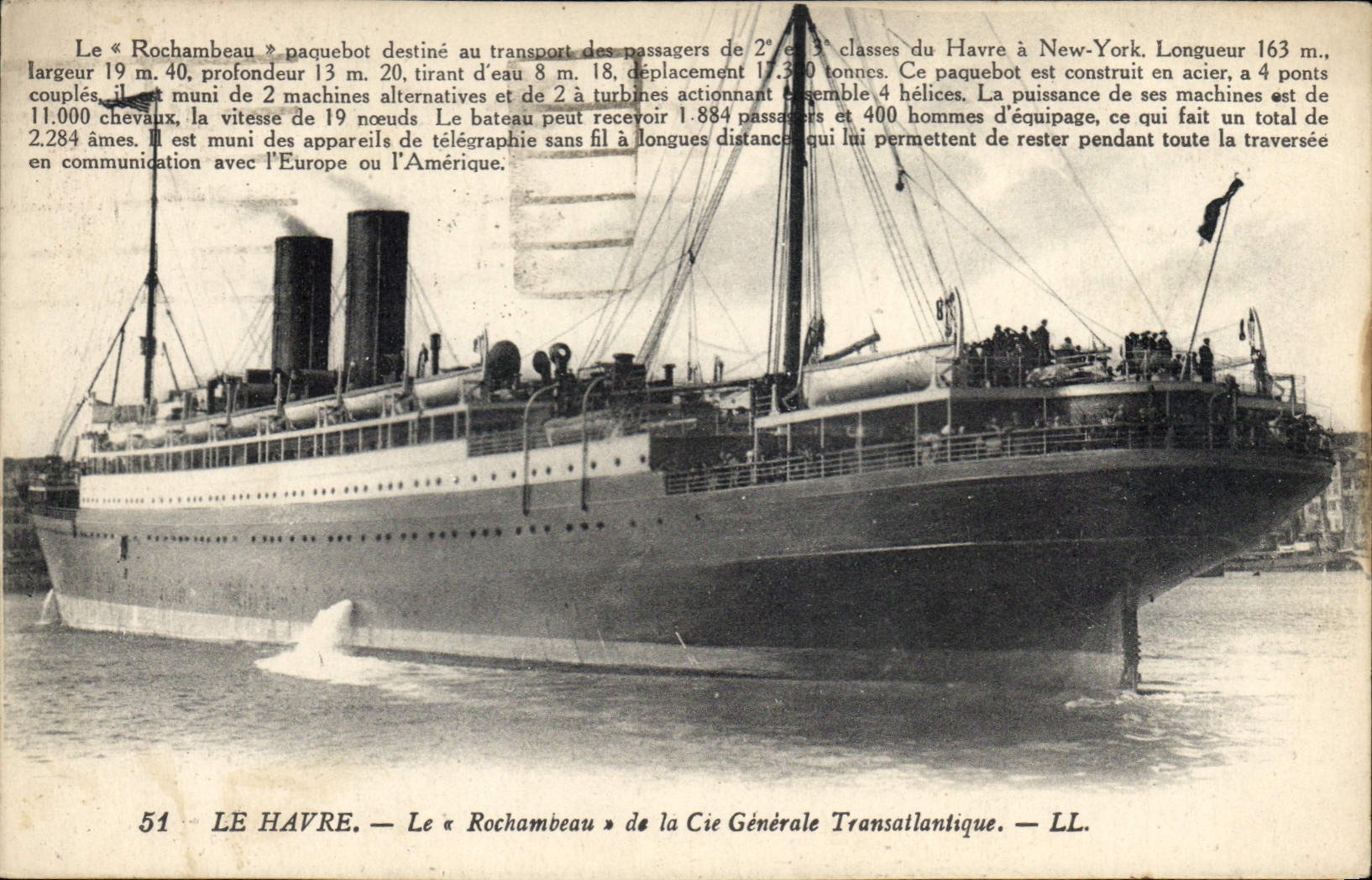 CPA Bateau Paquebot Le Havre Le Rochambeau de la Cie Generale Transatlantique