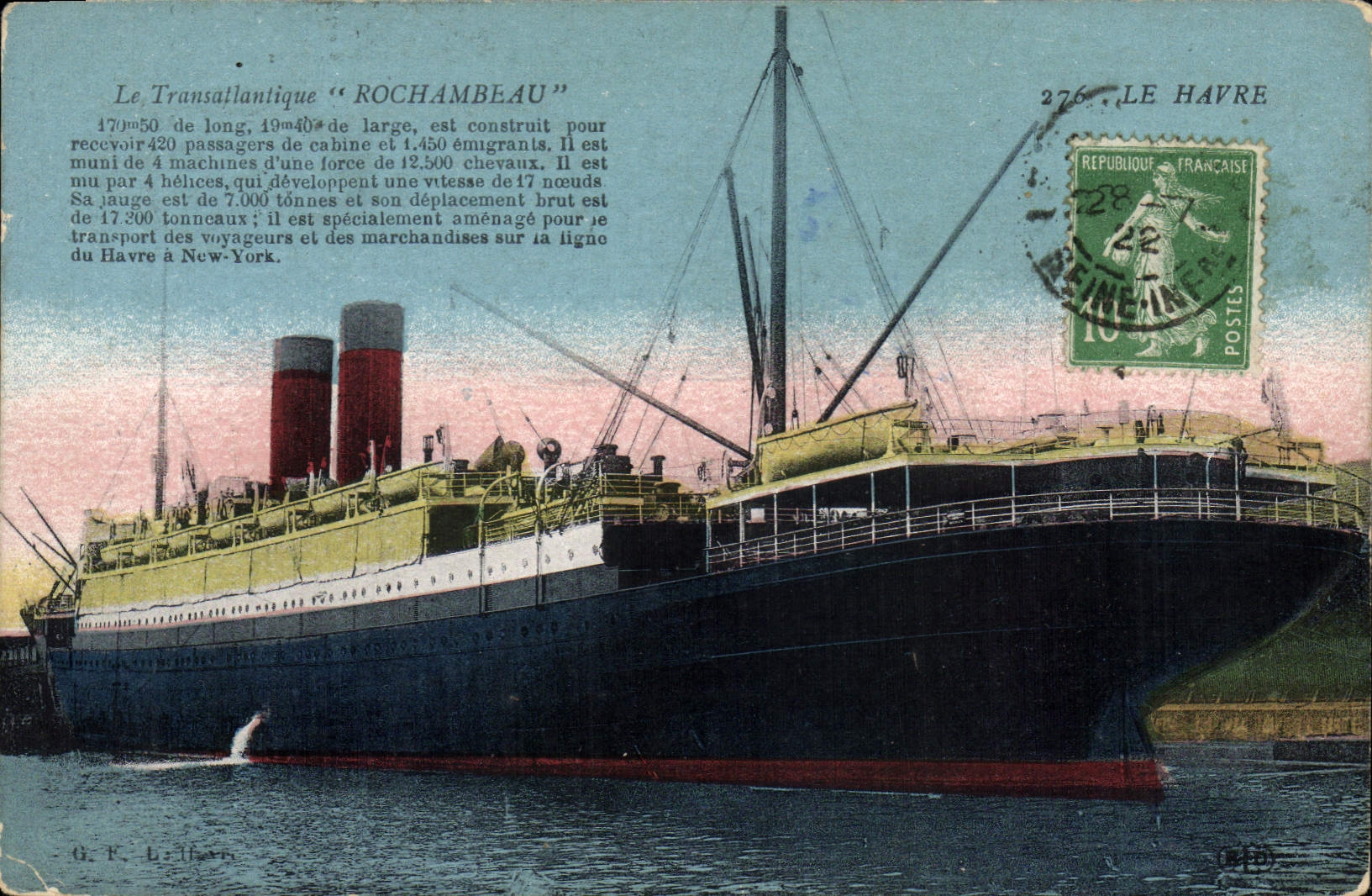 Vintage Postcard Boat Transatlantic liner Rochambeau Le Havre