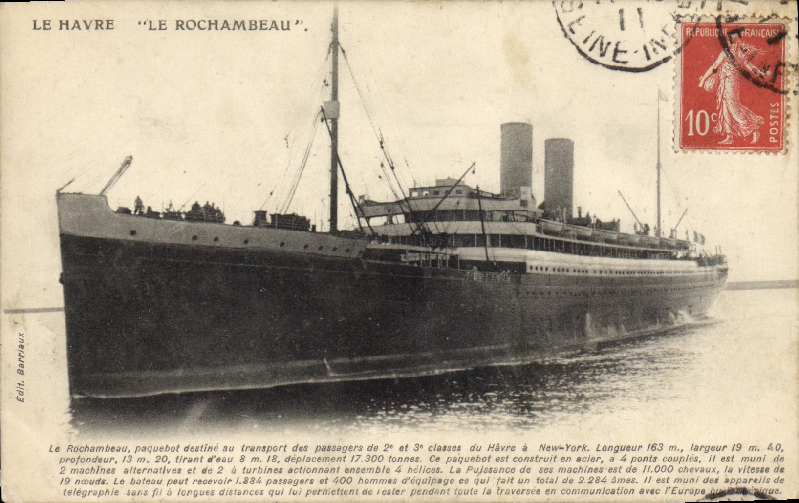 CPA Bateau Paquebot Le Havre Rochambeau