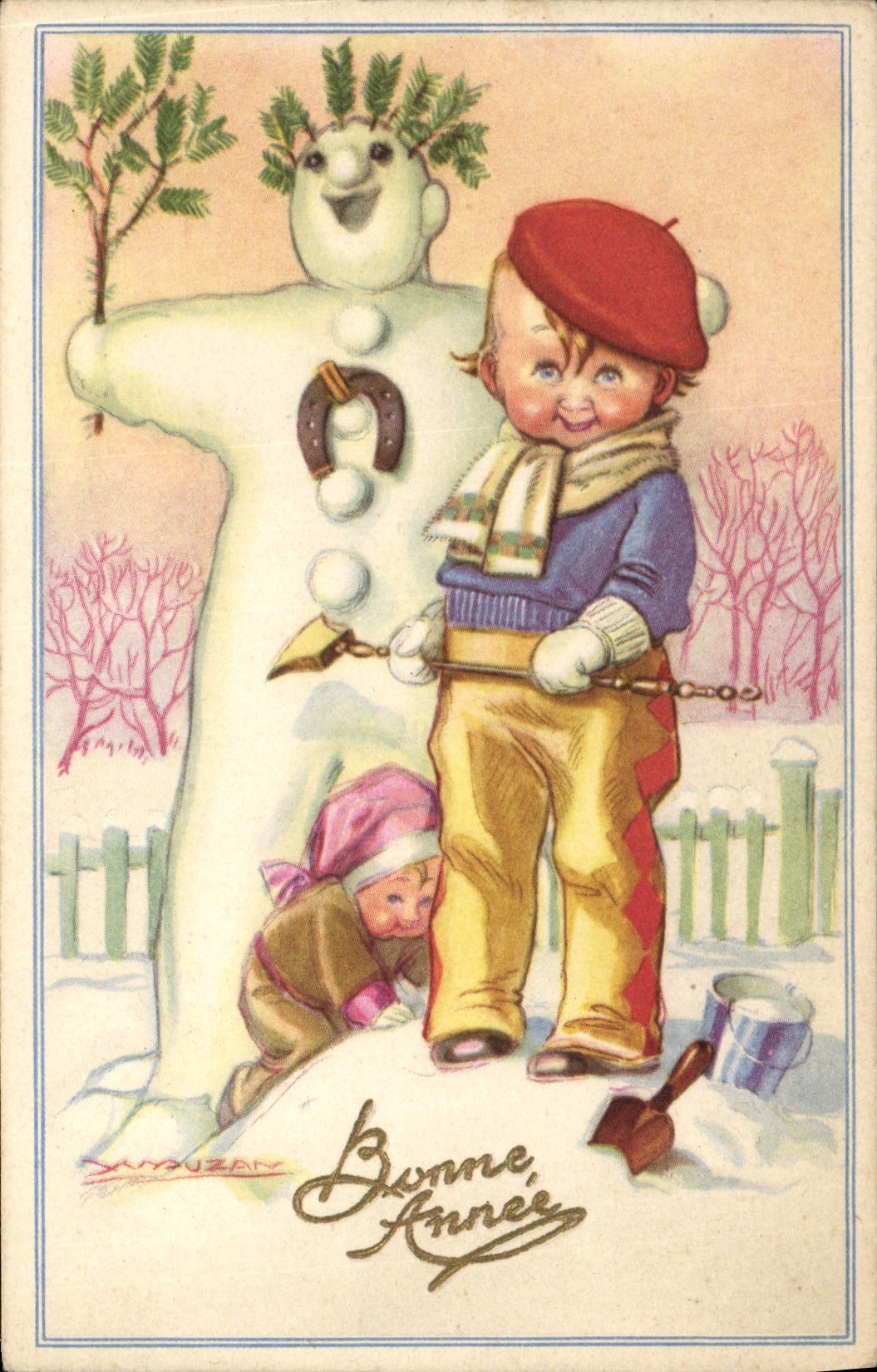CPA Fantaisie Bonhomme de neige Enfant Bonne annee