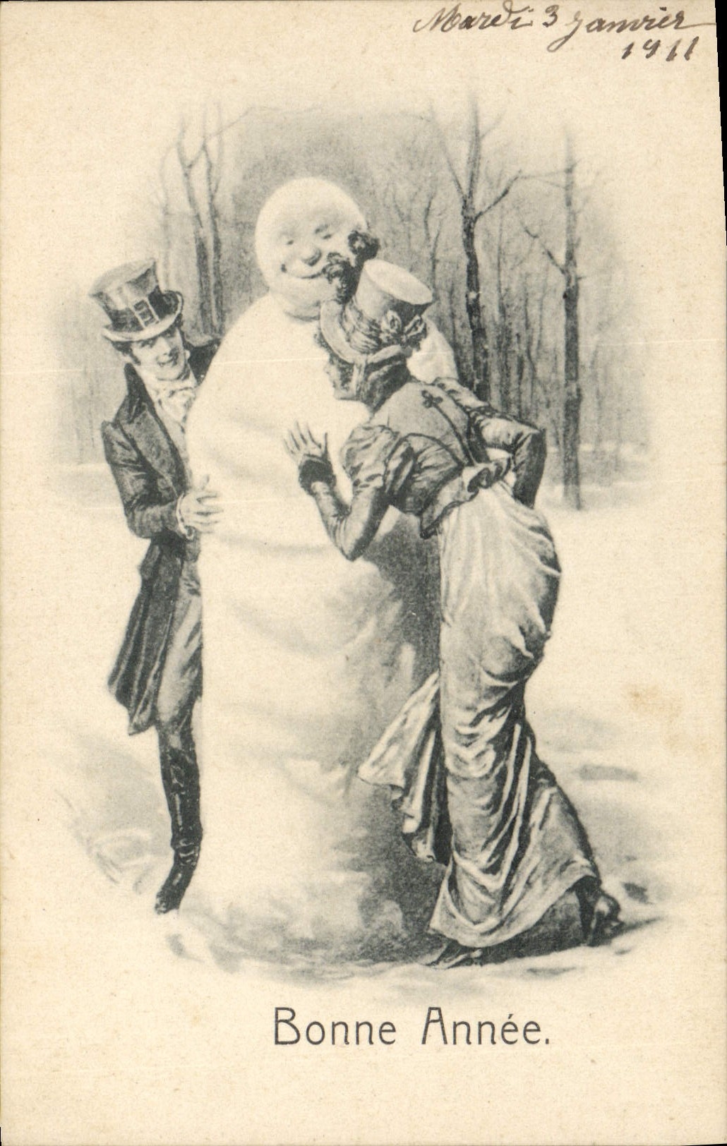 Vintage Postcard Fantasy Snowman Happy new year Woman