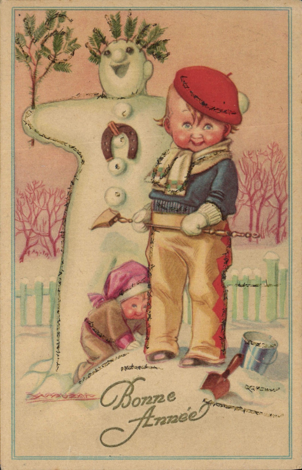 CPA Fantaisie Bonhomme de neige Enfant Fer a cheval 