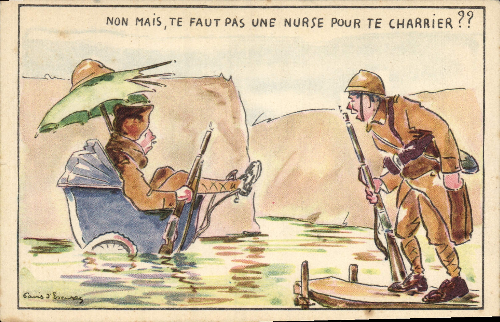 CPA Enfant Bebe Poussette Non mais te faut pas une nurse pour te charrier Militaria