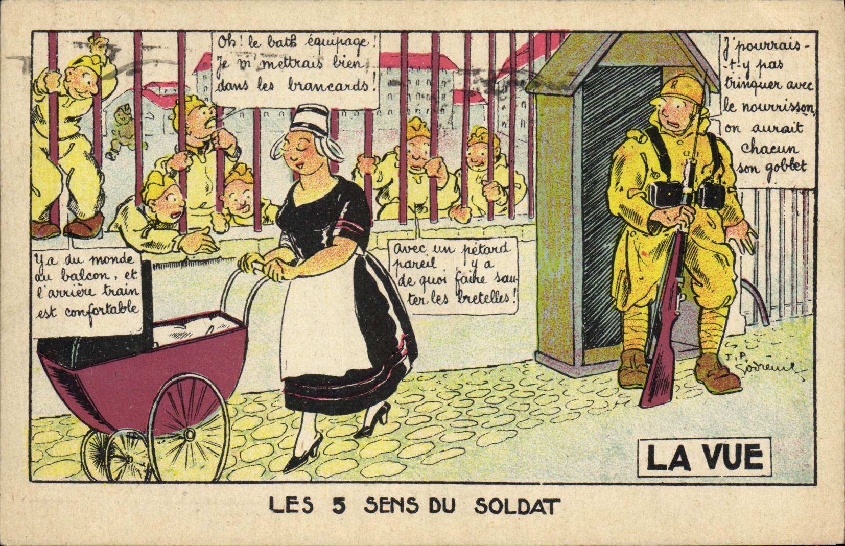 CPA Enfant Bebe Poussette Les 5 sens du soldat Militaria La vue