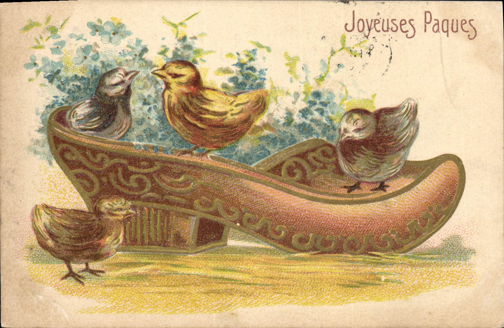 Vintage Postcard Shoe Fantasy Chicks Flowers