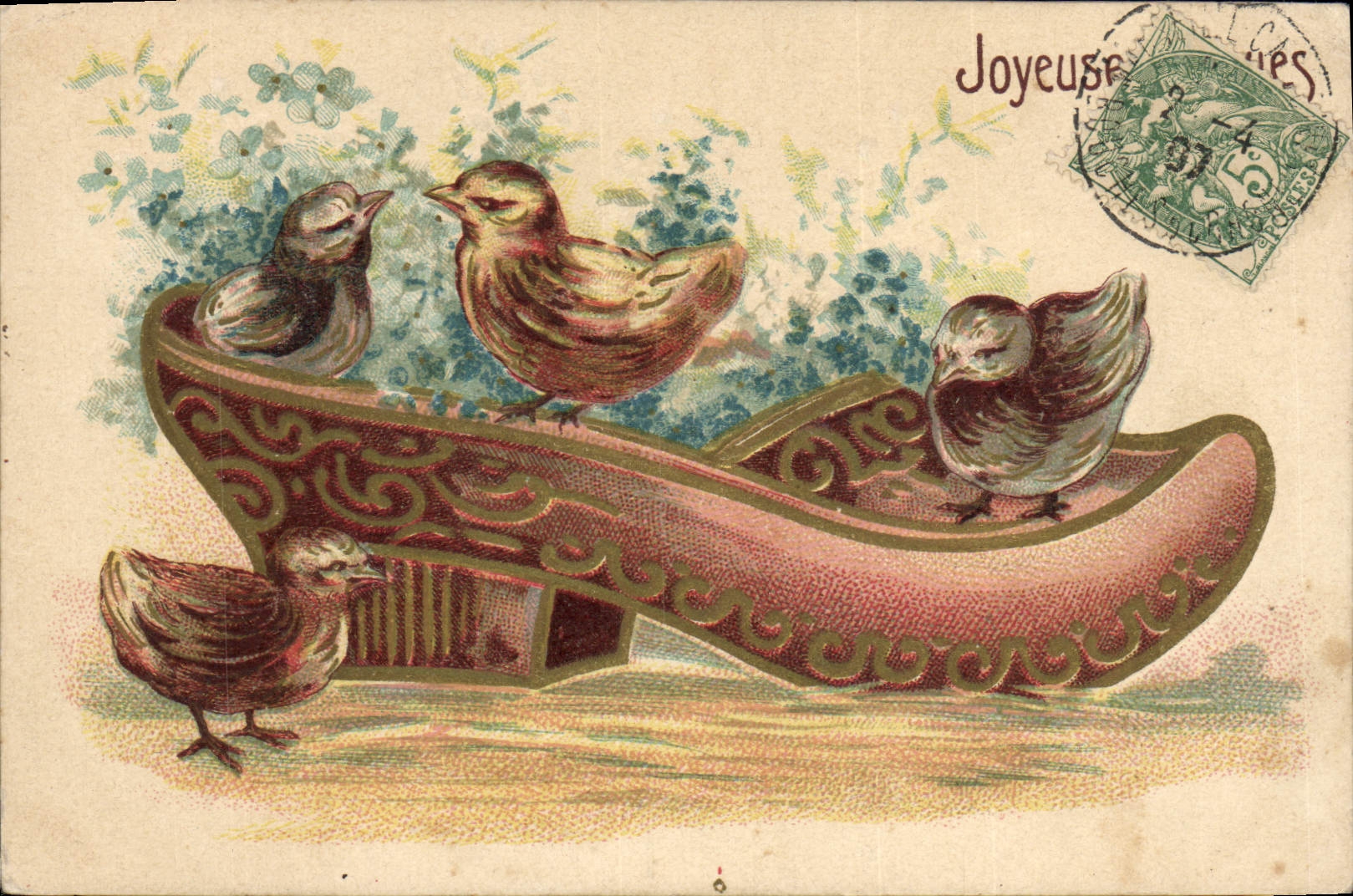CPA Sabot Fantaisie Poussins Fleurs 
