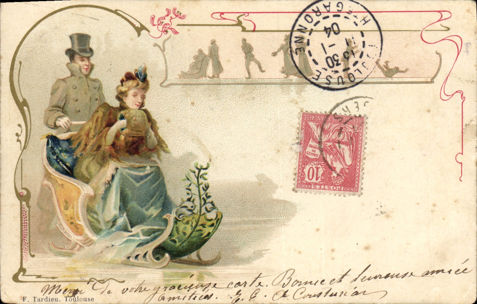 Postal Fantasia Ilustrador Mujer Trineo pequeño