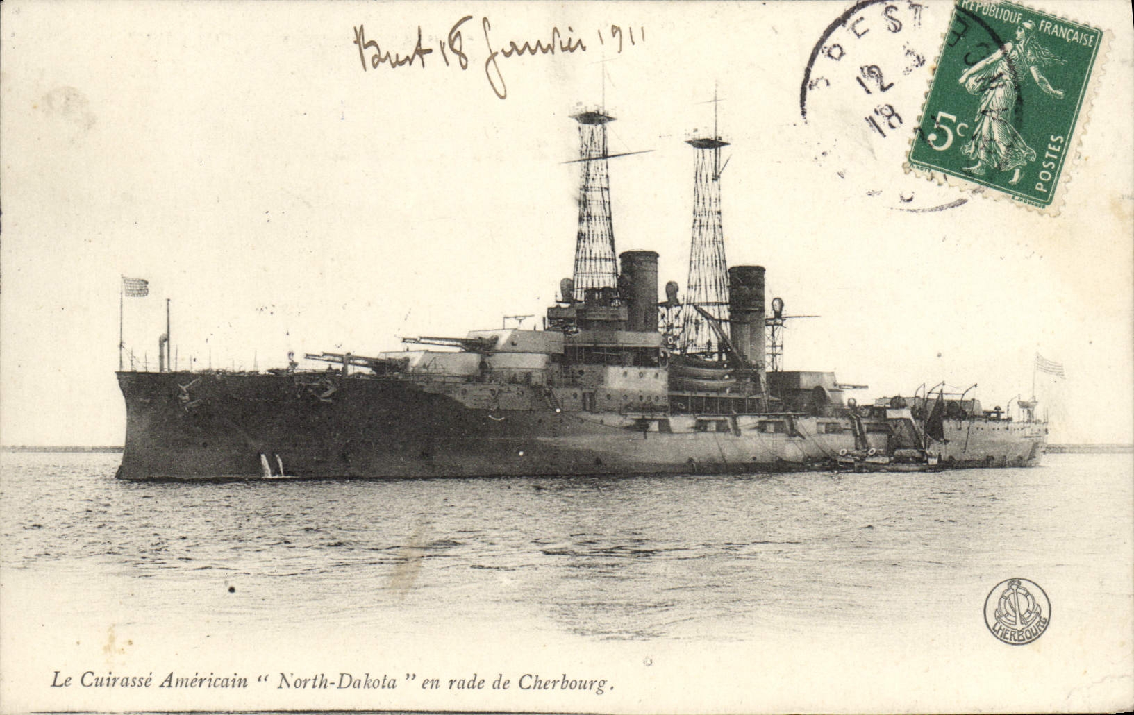 CPA Bateau Guerre Le cuirasse americain North Dakota en rade de Cherbourg 