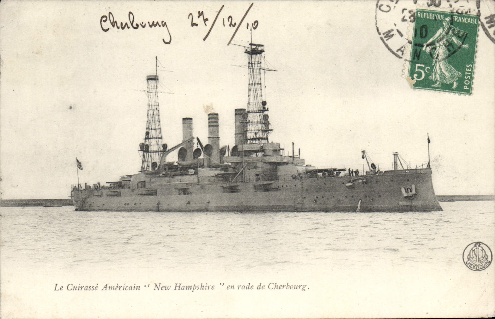 CPA Bateau Guerre Le cuirasse americain New Hampshire en rade de Cherbourg 