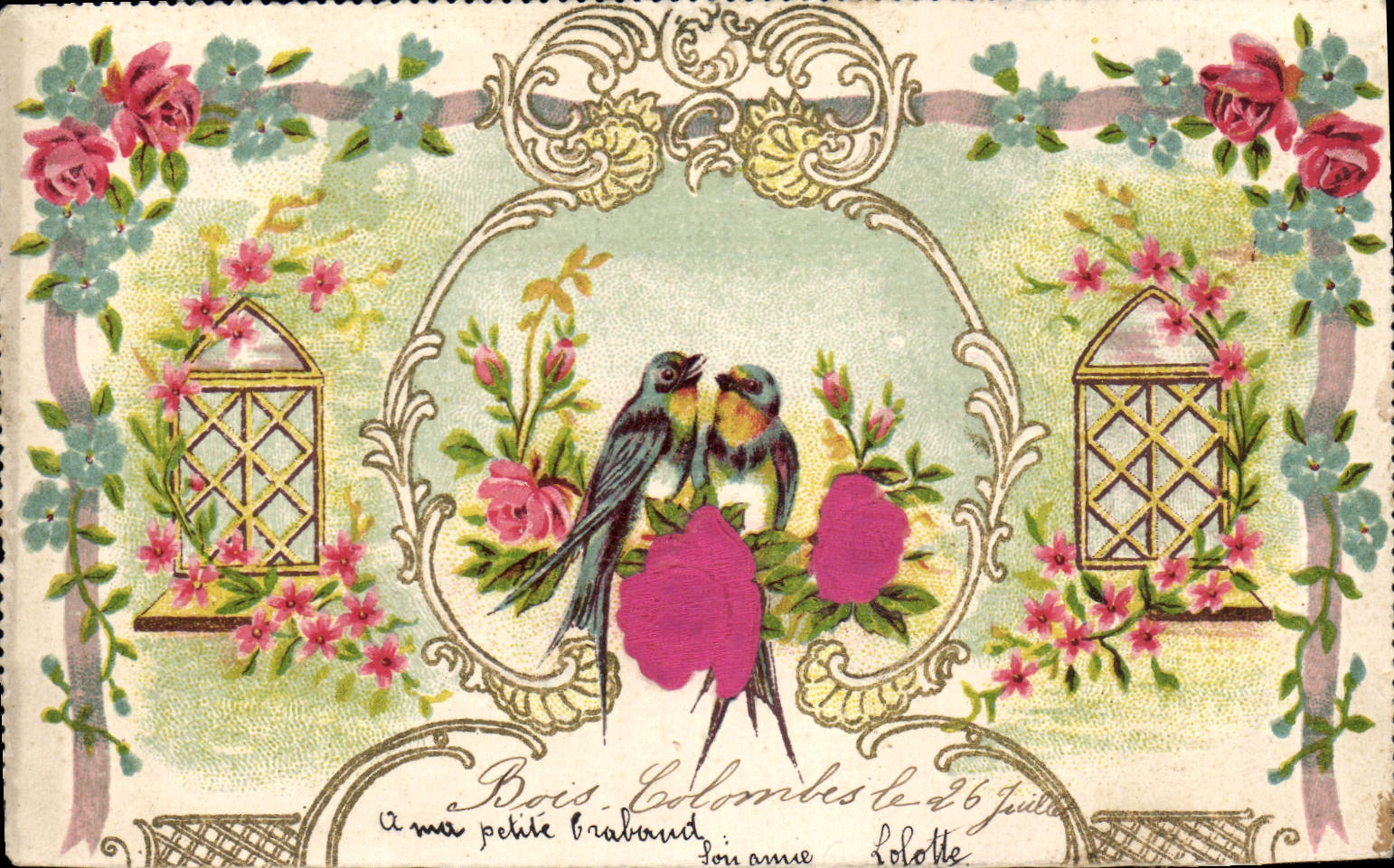 CPA Fantaisie Fleurs Hirondelle 