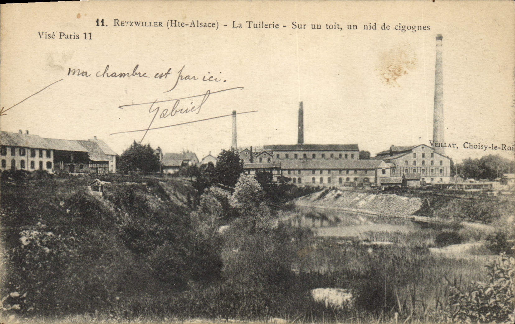 Postal Retzwiller la tejería sobre un techo un nido de cigüeñas