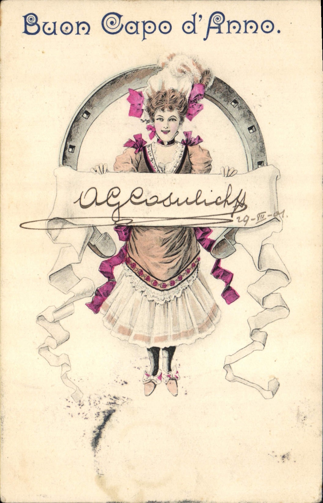 Postal Fantasia Ilustrador Mujer Hierro tiene caballo