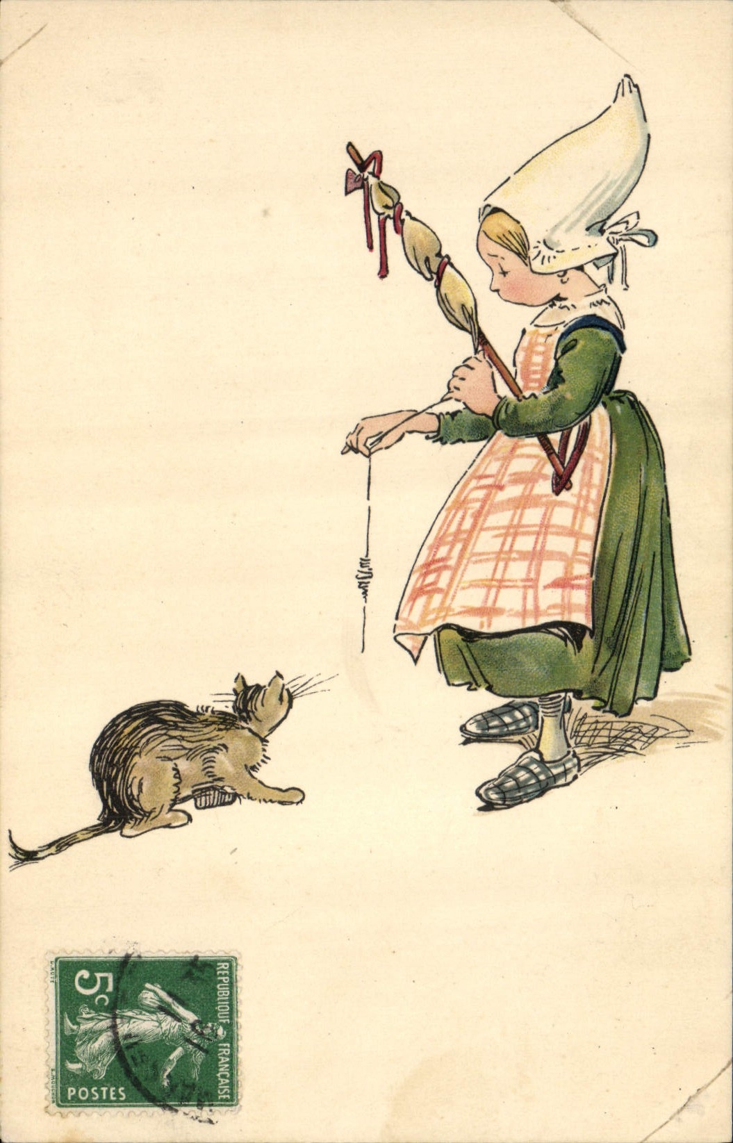 Postal Fantasia Ilustrador Niño Hilandera Gato