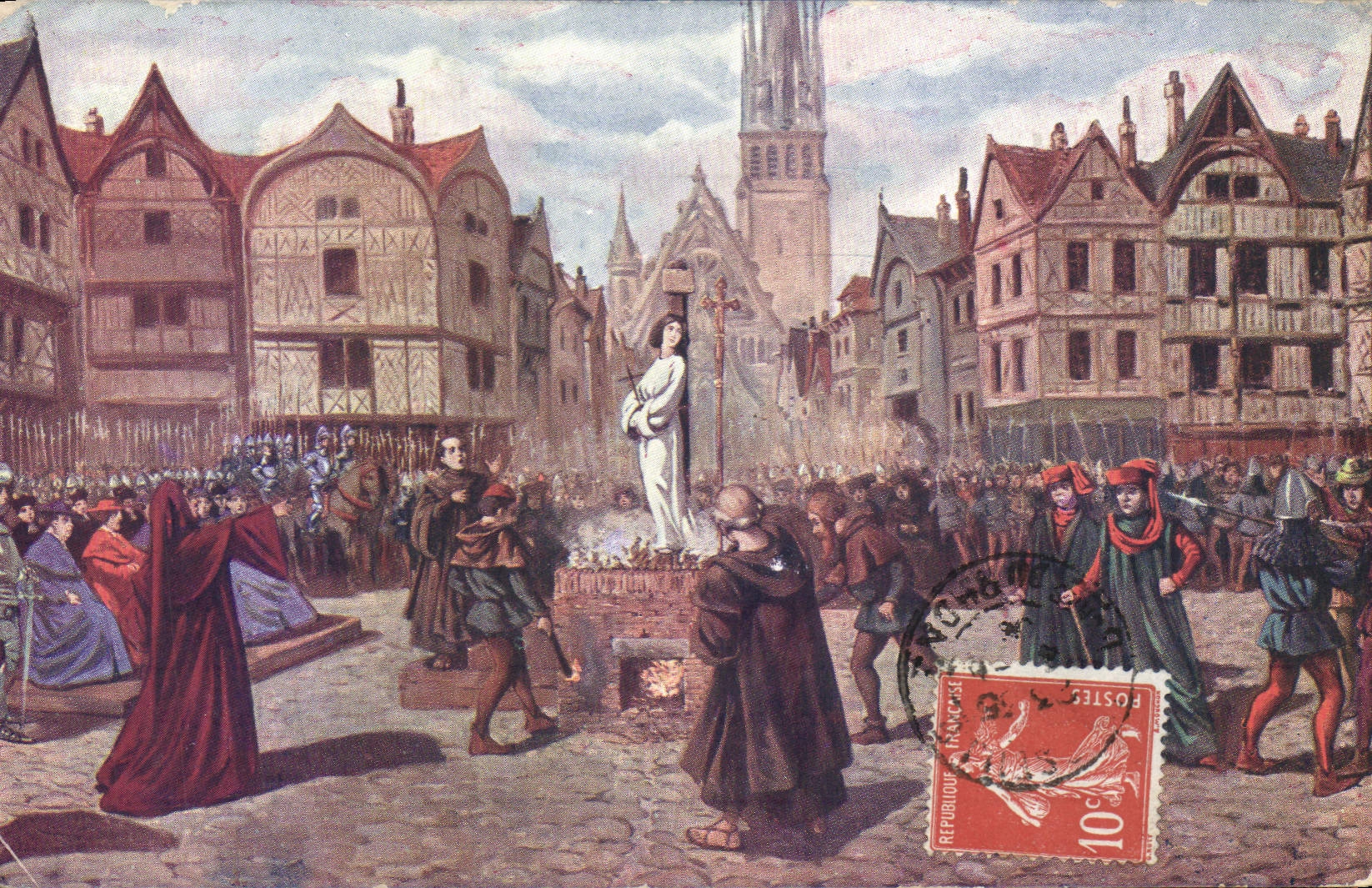 CPA Jeanne d'Arc Jeanne agee seulement de 19 ans est brulee sur la place du Vieux Marche a Rouen 