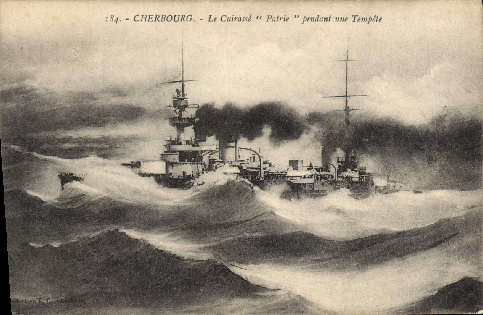 CPA Bateau de Guerre Cherbourg Le cuirasse Patrie pendant une tempete