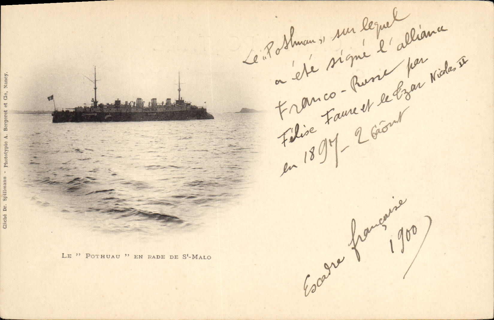Vintage Postcard Warship Pothuau in roads of St Malo