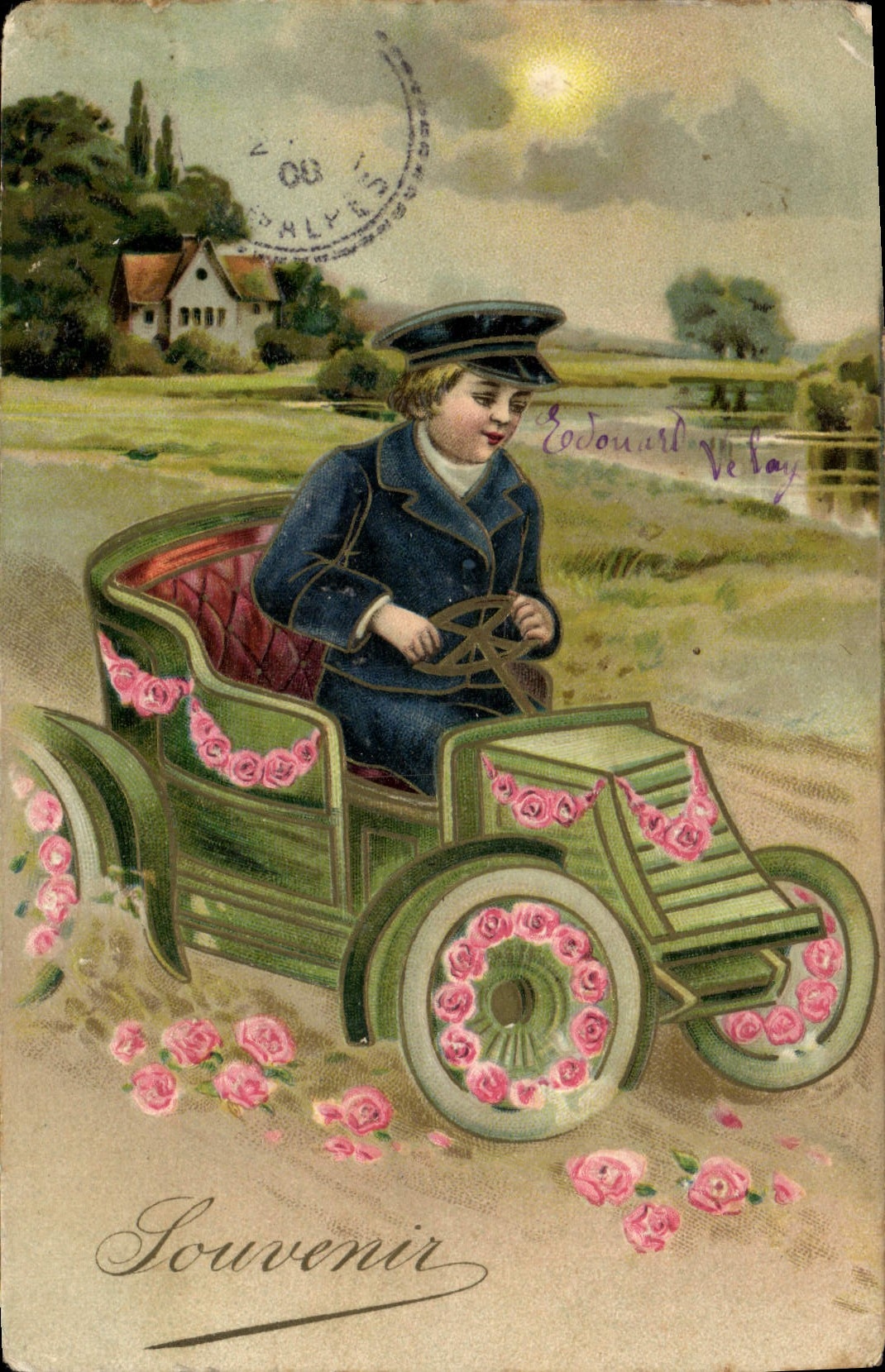 CPA Fantaisie Fleurs Enfant Automobile