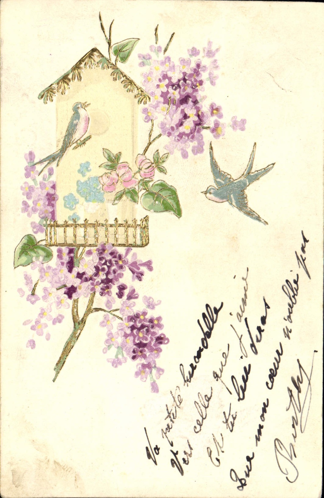 CPA Fantaisie Fleurs Oiseaux 