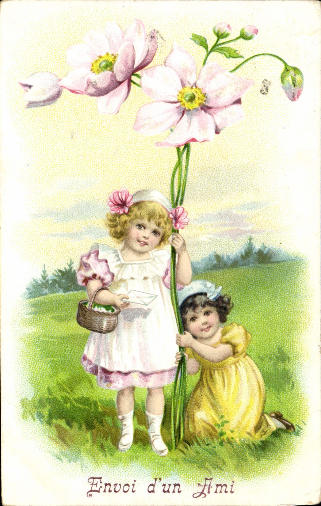 Vintage Postcard Fantasy Flowers Children Sending a friend